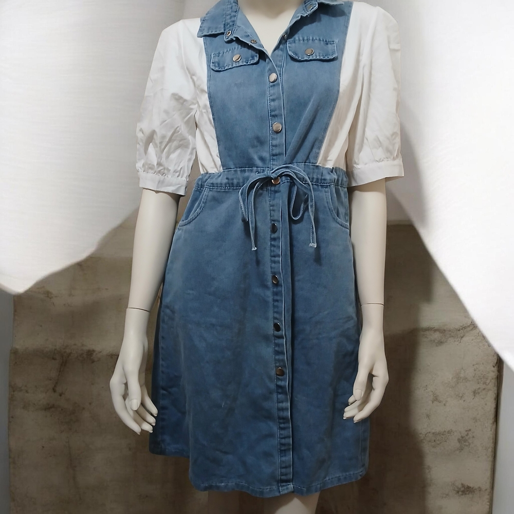 Women's Blue Denim Button-Front Dress with Drawstring Waist
